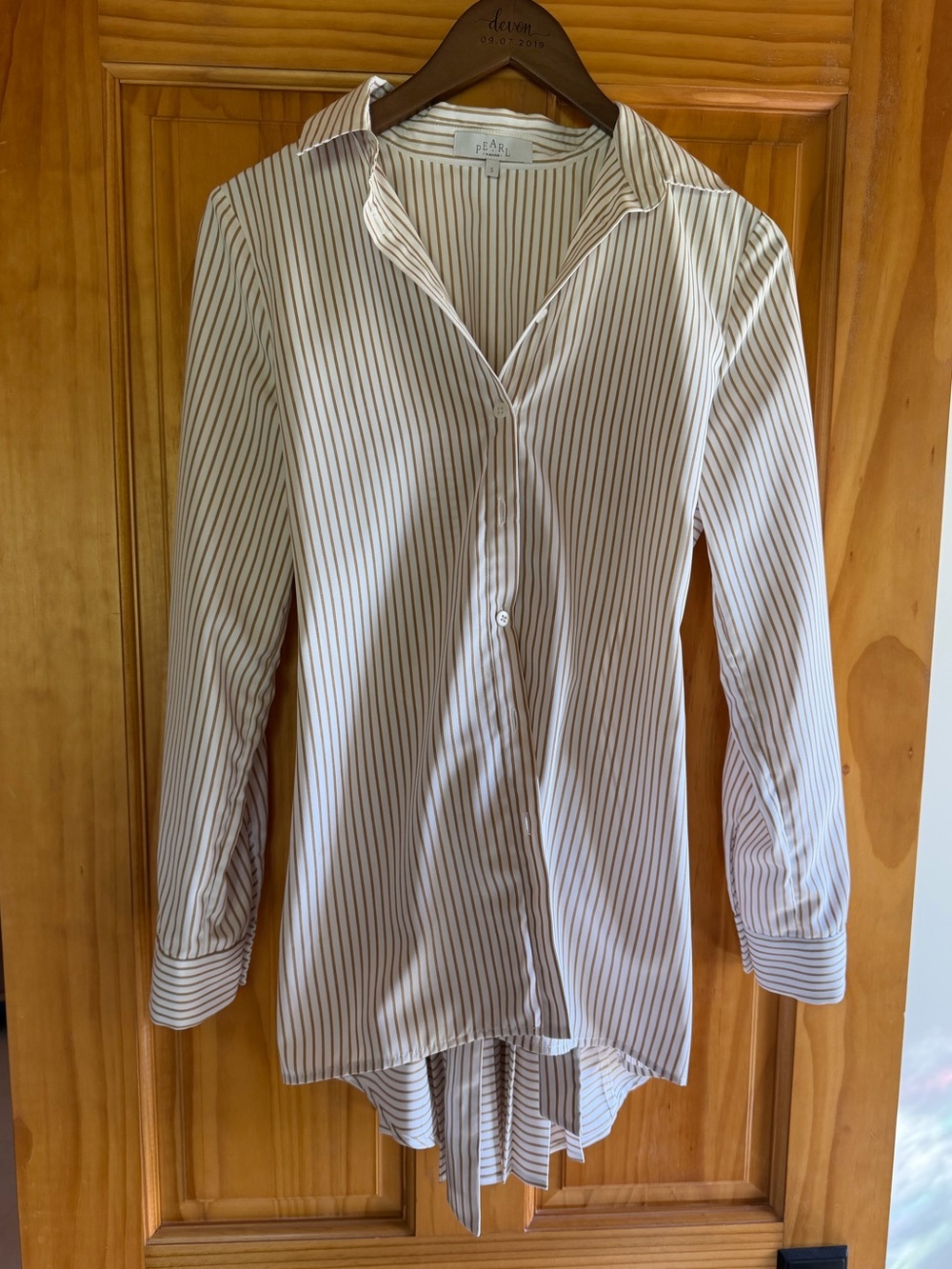 Pearl by Lela Rose Striped Pleated Button-Up Shirt in Cream and Brown NWOT